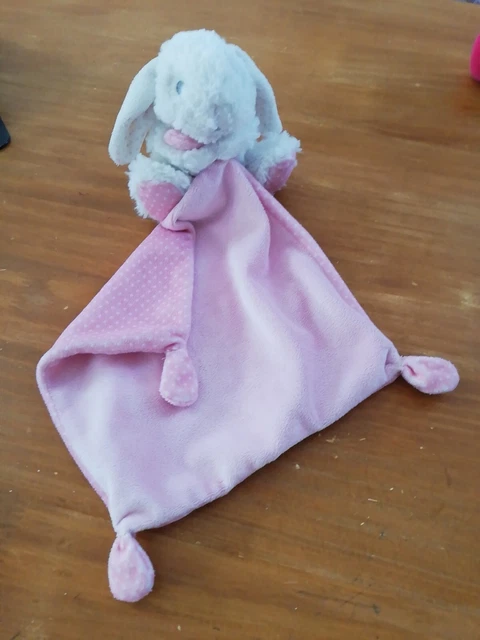 Doudou Tex Lapin Blanc Mouchoir Rose A Pois 3 Noeuds