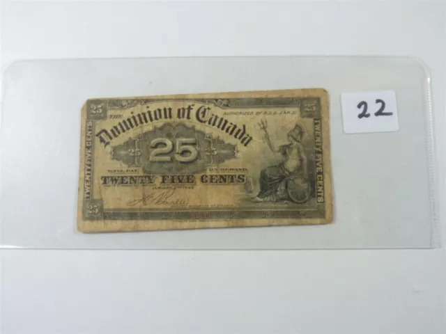 CANADA BANKNOTE SHINPLASTER 1900  25 cent SIGNATURE BOVILLE NO22