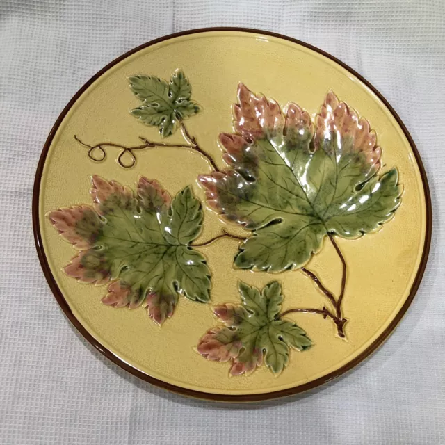Zell Baden Germany Majolica 12” Grape Leaves  Yellow Green Pink Plate