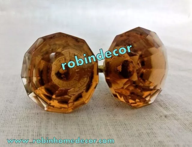 2 Pcs Look Vintage Door Cabinet Knobs  Puller Antique Crystal Cut Amber Nobs