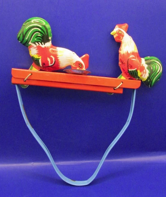VINTAGE LITHO ON Tin Pecking Chickens Hand Operated Mechanical Toy 5.