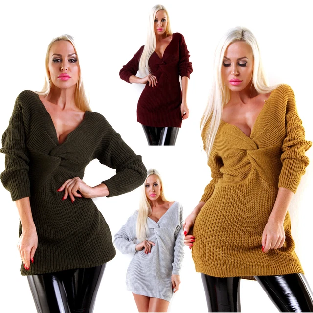 Maglione lungo donna pullover gioco incrocio seno scollatura v manca lunga new