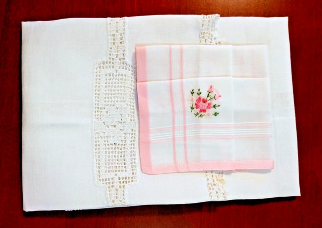 Vintage Table Cloth Topper with Crochet Inserts and Embroidered Handkerchief