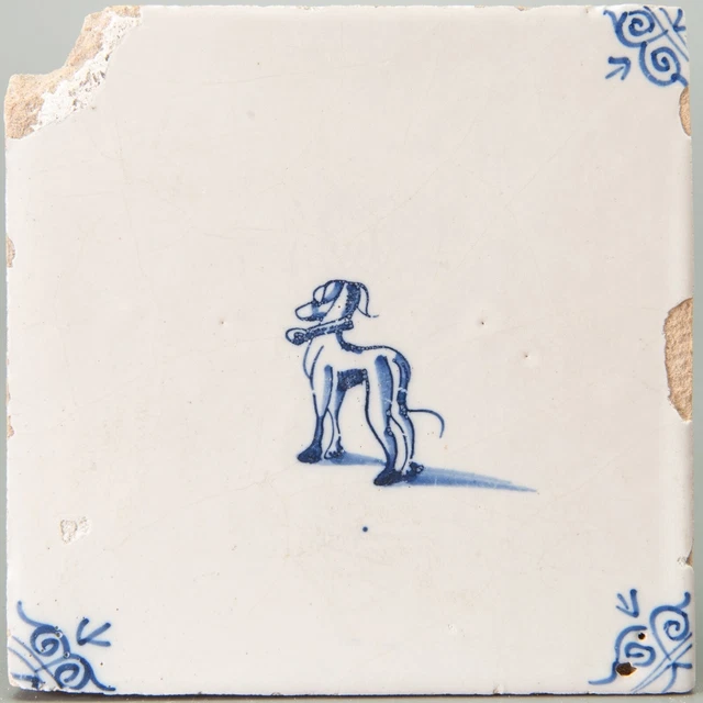 Nice Dutch Delft Blue animal tile, dog, mid 17th. century.