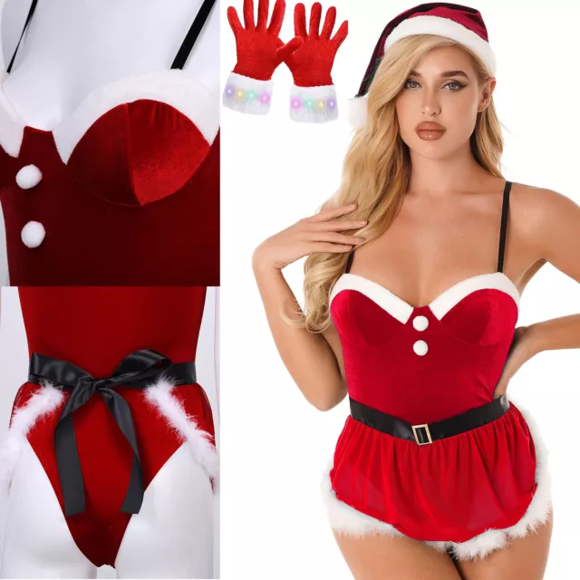 Womens Lingerie Set Red Christmas Costume Feather Trimming Xmas Bodysuit Party
