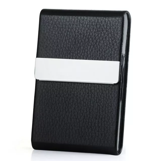 Business Card Holder Case Cover Black Leather Silver Metal Credit Card Magnetic