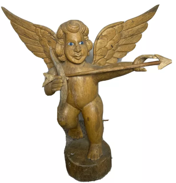 Carved Wood Angel Cherub Glass Eyes RelMexican Folk Art  Antique 19 Tall Cupid