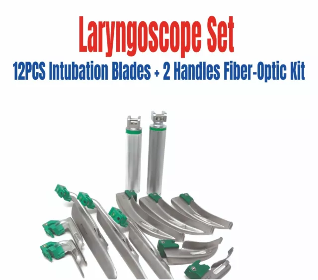 Laryngoscope Set 12PCS Intubation Blades + 2 Handles Fiber-Optic Kit