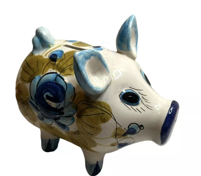 Vintage Italy Ceramic Piggy Coin Bank Hand Painted Flowers Italian