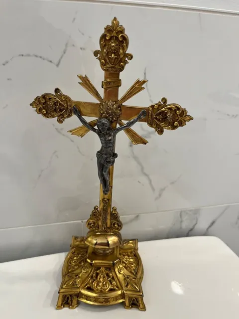 Antique  early 1900’s  French Gilt Metal Altar Tabletop Crucifix