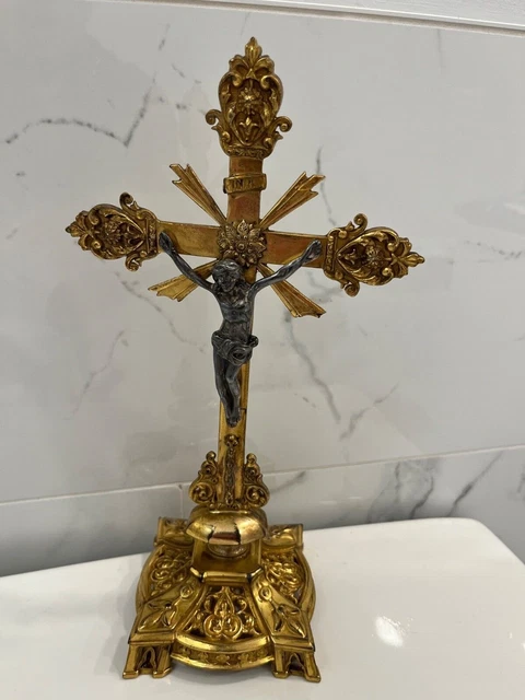 Antique early 1900’s French Gilt Metal Altar Tabletop Crucifix Antique early 1900’s French Gilt Metal Altar Tabletop Crucifix