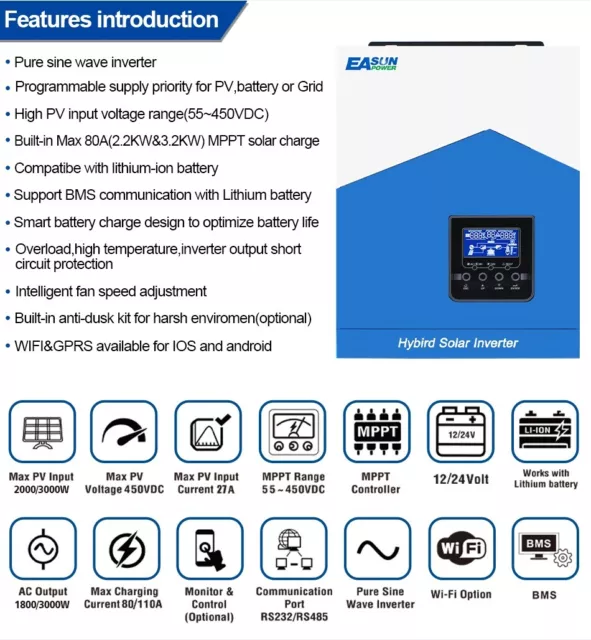 3200W Solar Off Grid Hybrid Wechselrichter LCD Display DC55–450 V max MPPT 24 V 3