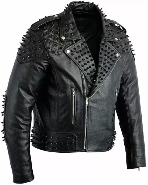 Men's Genuine Black Cowhide Leather Motorbike Original Metal Spikes Biker Jacket