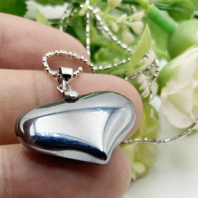 Natural Terahertz Wave Gemstone Love Heart Carved Pendant Necklace Healing Reiki
