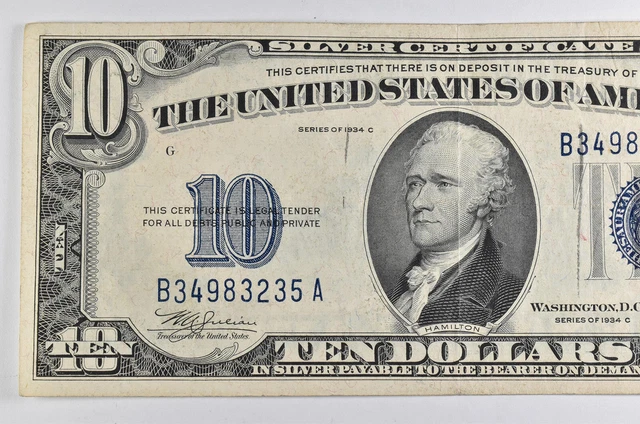 CRISP - 1934-C SILVER CERTIFICATE - US $10 Note - Higher Grade *579