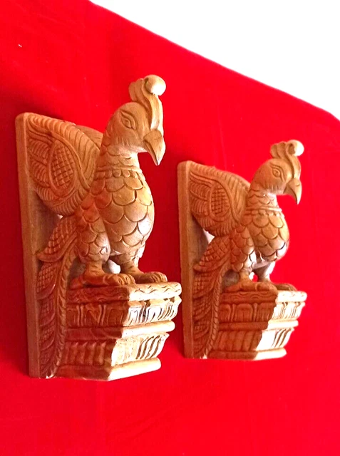 Mahogany Wooden Wall Hanging Peacock Parrot Bird Corbel Bracket Pair Sculpture