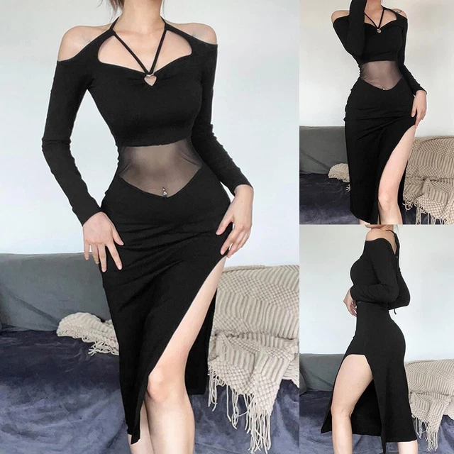Europeo Abito for Donna Hip Split Cavo Maglia Rete Collo Avvolgere Sexy Slim