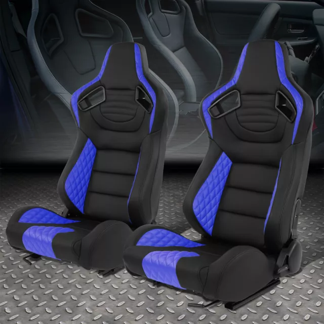 Pair Universal Black & Blue Vinyl Adjustable Reclinable Racing Seats w/ Sliders