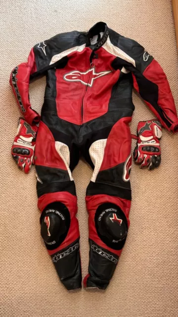 WOW Alpinestars One Piece Red Leather Motorbike Motorcycle Suit WITH GLOVES