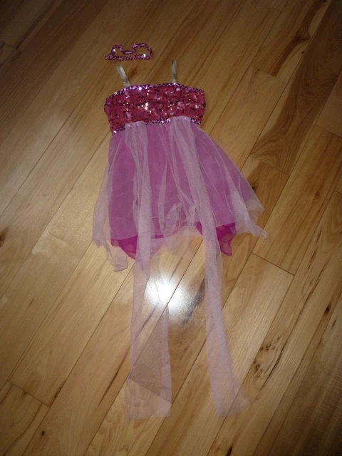 Pink Sequined Leotard with Mesh & Hair Band Size CME 8 Dance Costume Adj Straps