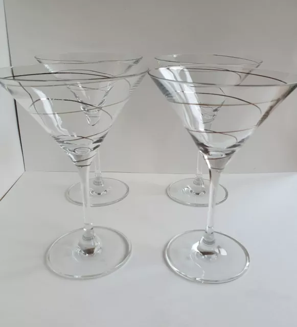 4 X Vintage Style Silver Metallic Swirl Ribbon Band Martini / Cocktail Glasses