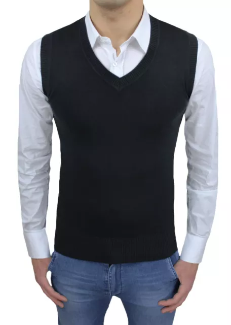 Gilet Smanicato Uomo Nero Slim Fit Aderente Casual Cardigan Panciotto Corpetto