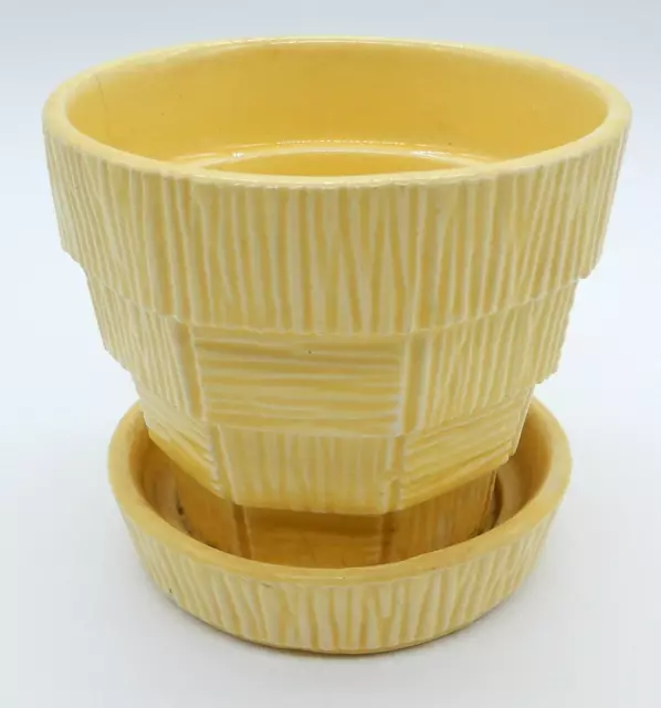 McCoy Pottery Yellow Basket Weave Flower Pot with Attached Saucer 4" Tall