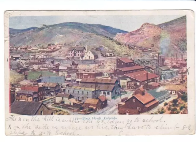 Postcard CO Black Hawk Colorado c.1905 Aerial View Church School Refineries A22