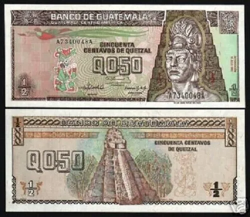 Guatemala ½ (0.50) QUETZAL P-79 16-07-1992 Guatemalan BIRD TEMPLE UNC Money NOTE