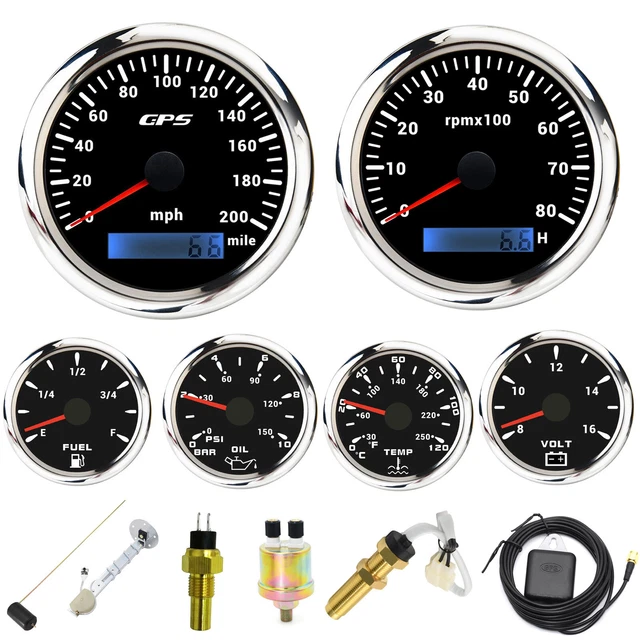 6 GAUGE SET GPS Speedometer 0-200MPH Tacho Fuel Gauge Temp Oil Volt For ...