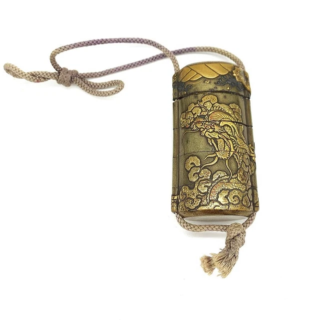 19th Century Edo Japanese Lacquer Gilded Inro with Dragon Motif
