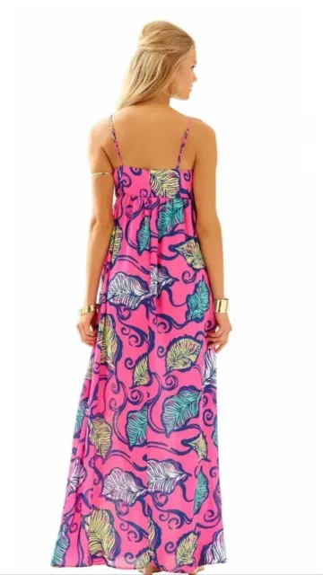 Neu Lilly Pulitzer Joanna Maxi Kleid Tropisch Pink Blätter IN Der Breeze Größe 0 3