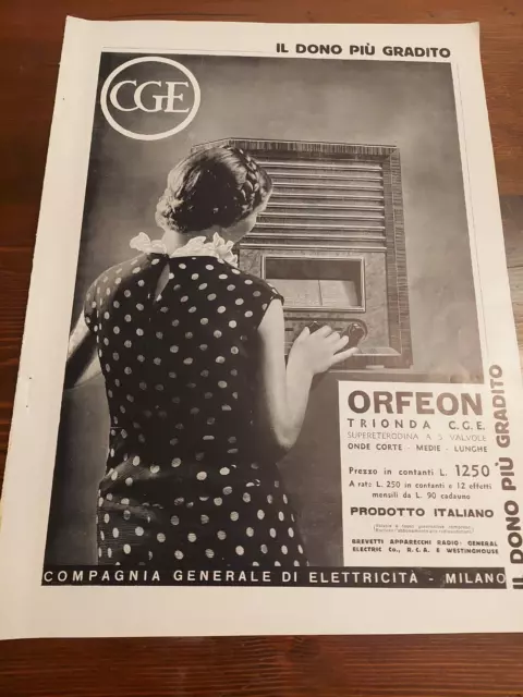 Pubblicita Editoriale Radio Orfeon Cge - Ala Littoria Sul Retro - Anni '30