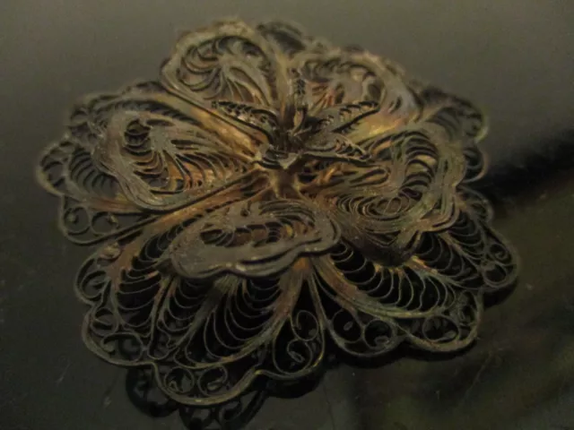 Antique Vintage Estate Silver Filigree Flower Floral 2" Brooch Pin Signed!