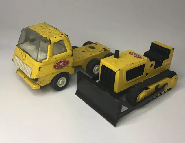 Vintage Tonka Metal Trucks Toys Mound Minn Small Yellow Bulldozer and Truck 5”