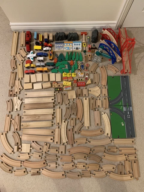 WOODEN TRAIN SET Bundle Bridges, Track, Trains, Trees Buildings People ...