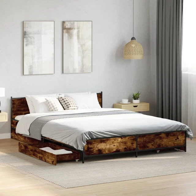 INDUSTRIAL RUSTIC SMOKED Oak Wooden King Size Bed Frame With Headboard 4 Drawers ??247.99 ...
