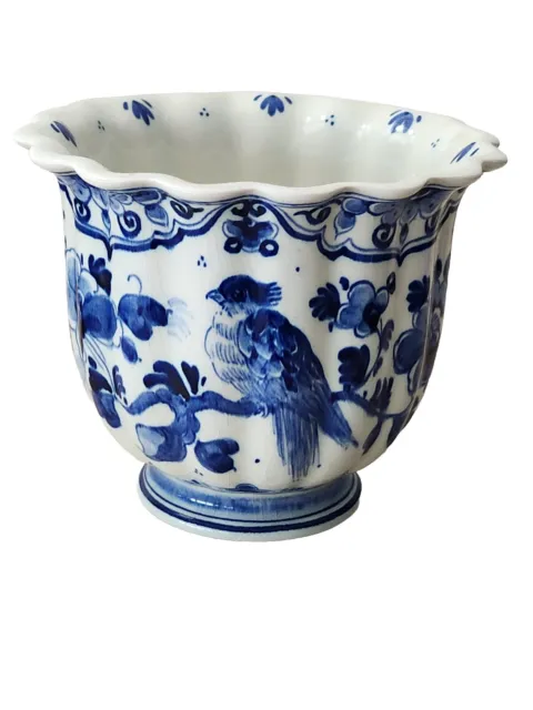 Royal Delft Bowl Vase  Hand Painted Blue Bird floral 1947 #1407 Holland Vintage