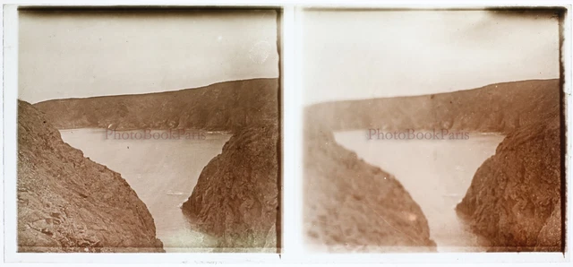 Paysage rocheux Mer Lac Photo c1920 Plaque de verre K4n17 Stereo Vintage