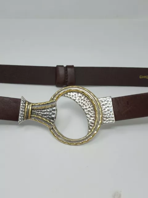 Chicos Silver & Gold Tone Round Buckle Brown Leather Belt Small Medium