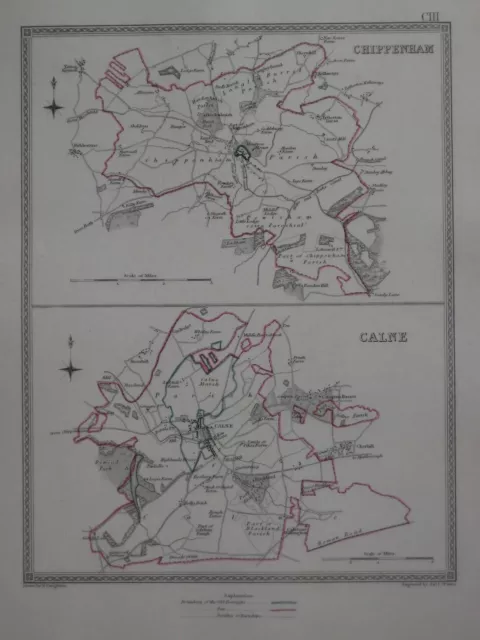 Original 1835 Borough Parish Map CHIPPENHAM CALNE Wiltshire Canals Farms England