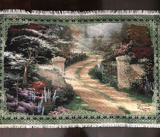 VINTAGE THOMAS KINKADE TAPESTRY AFGHAN THROW BLANKET FLORAL GATE ROAD