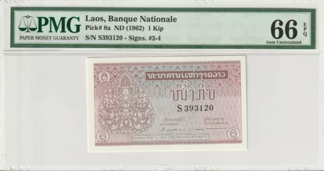 Laos PMG Certified Banknote UNC 66 EPQ Gem 1962 1 Kip Pick 8a