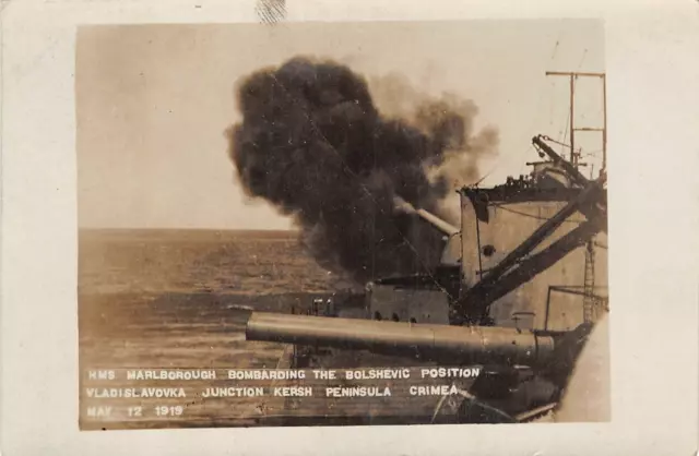 Postcard Ships Hms  " Marlborough "  Bombarding Bolshevic Position  Crimea  1919