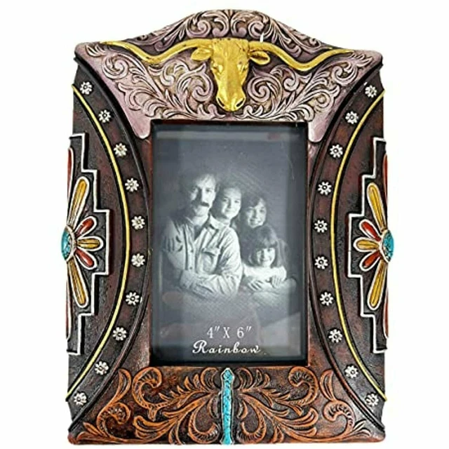 Urbalabs Cowboy Golden Longhorn Cow Teal Western Decor Picture Frame 4 x 6