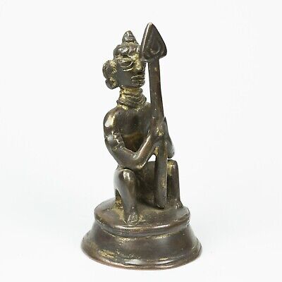 Antique Bronze Tribal Warrior Statue Seated Man Holding Spear 3" Tall Figurine