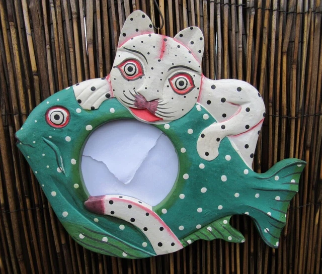 Wood Cat & Fish Hand Carved & Painted Wooden Framed Mirror Picture Indonesia