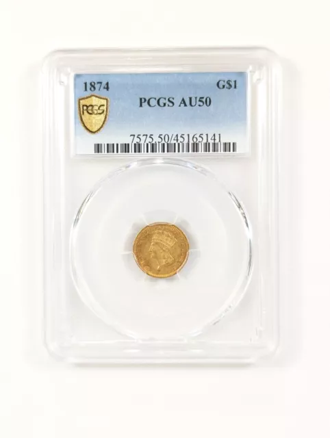 1874 G$1 Indian Princess Head Gold Dollar Coin PCGS AU50 Gold Shield 🛡️