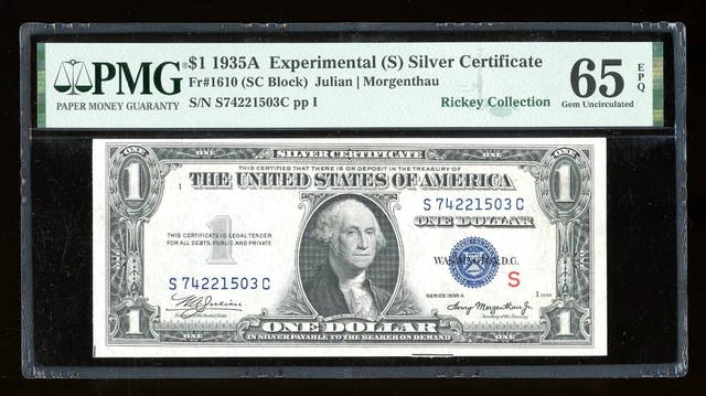 DBR 1935-A $1 Silver Experimental (S) Gem Fr. 1610 PMG 65 EPQ Serial S74221503C