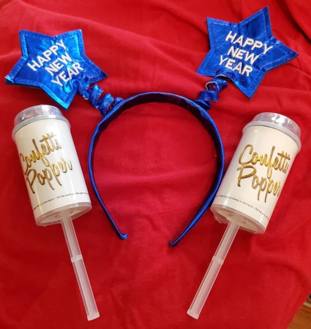 Happy New Year Headband with Stars and 2 Confetti Party Poppers